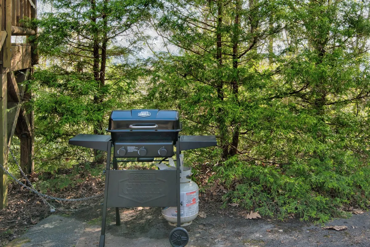 A sturdy grill sits ready for use on the wooden deck, surrounded by vibrant greenery. The placement is inviting for outdoor cooking, with plenty of space for preparing meals and enjoying the mountain air.